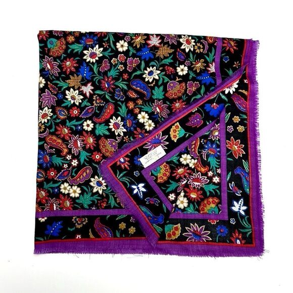Vintage Baar & Beards Wool Purple Floral Square Scarf made in Japan - Picture 6 of 8